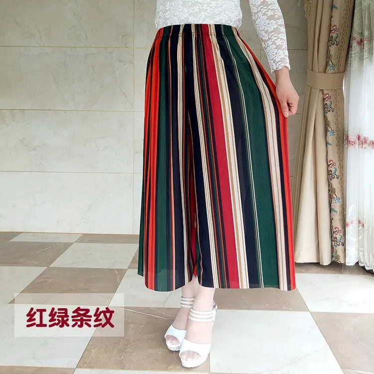 Trendy Wide Leg Pants Women Summer Culottes Striped Slim Look Straight Casual Pants