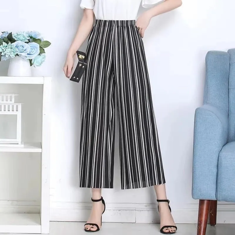 Trendy Wide Leg Pants Women Summer Culottes Striped Slim Look Straight Casual Pants