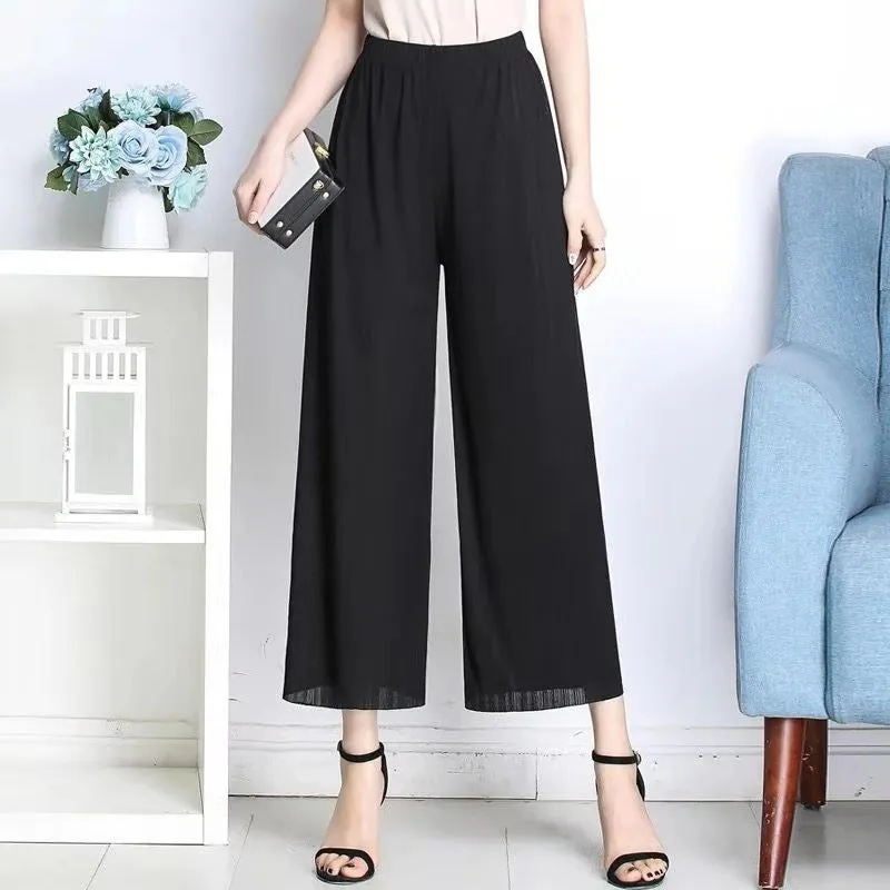 Trendy Wide Leg Pants Women Summer Culottes Striped Slim Look Straight Casual Pants