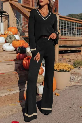 V-Neck Long Sleeve Top and Pants Set