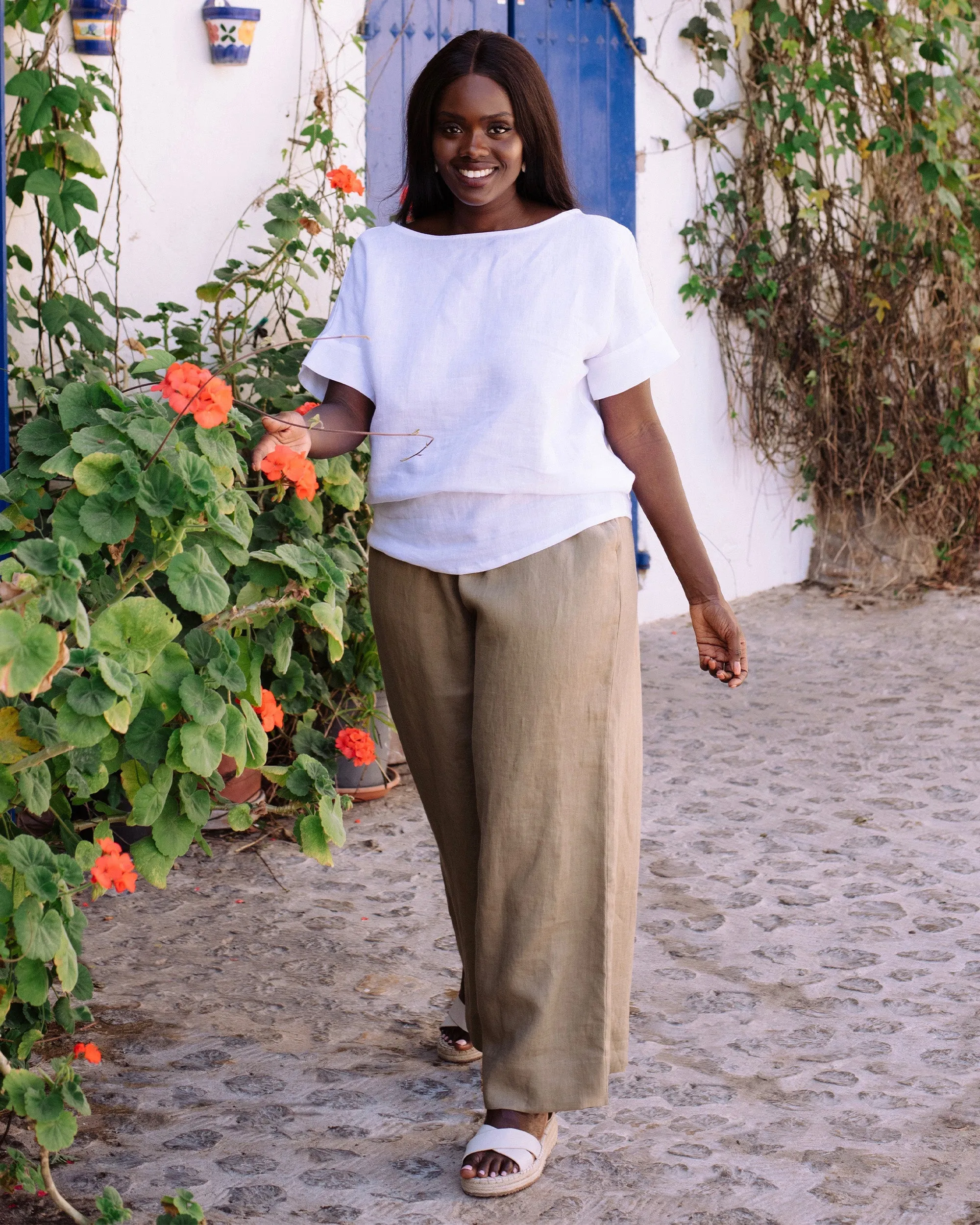 Wide leg linen pants ALCUDIA in Dried moss