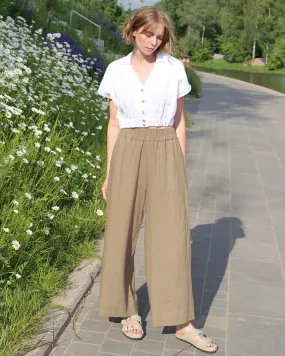 Wide leg linen pants ALCUDIA in Dried moss