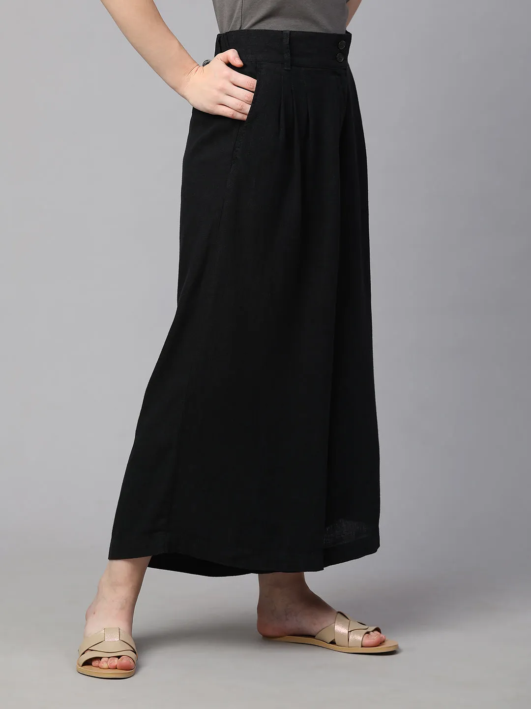 Women's Black Linen Viscose Regular Fit Culotte