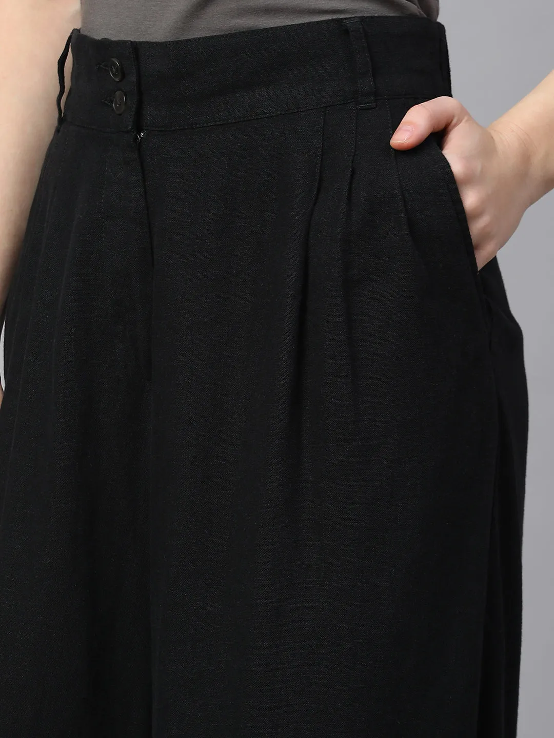 Women's Black Linen Viscose Regular Fit Culotte
