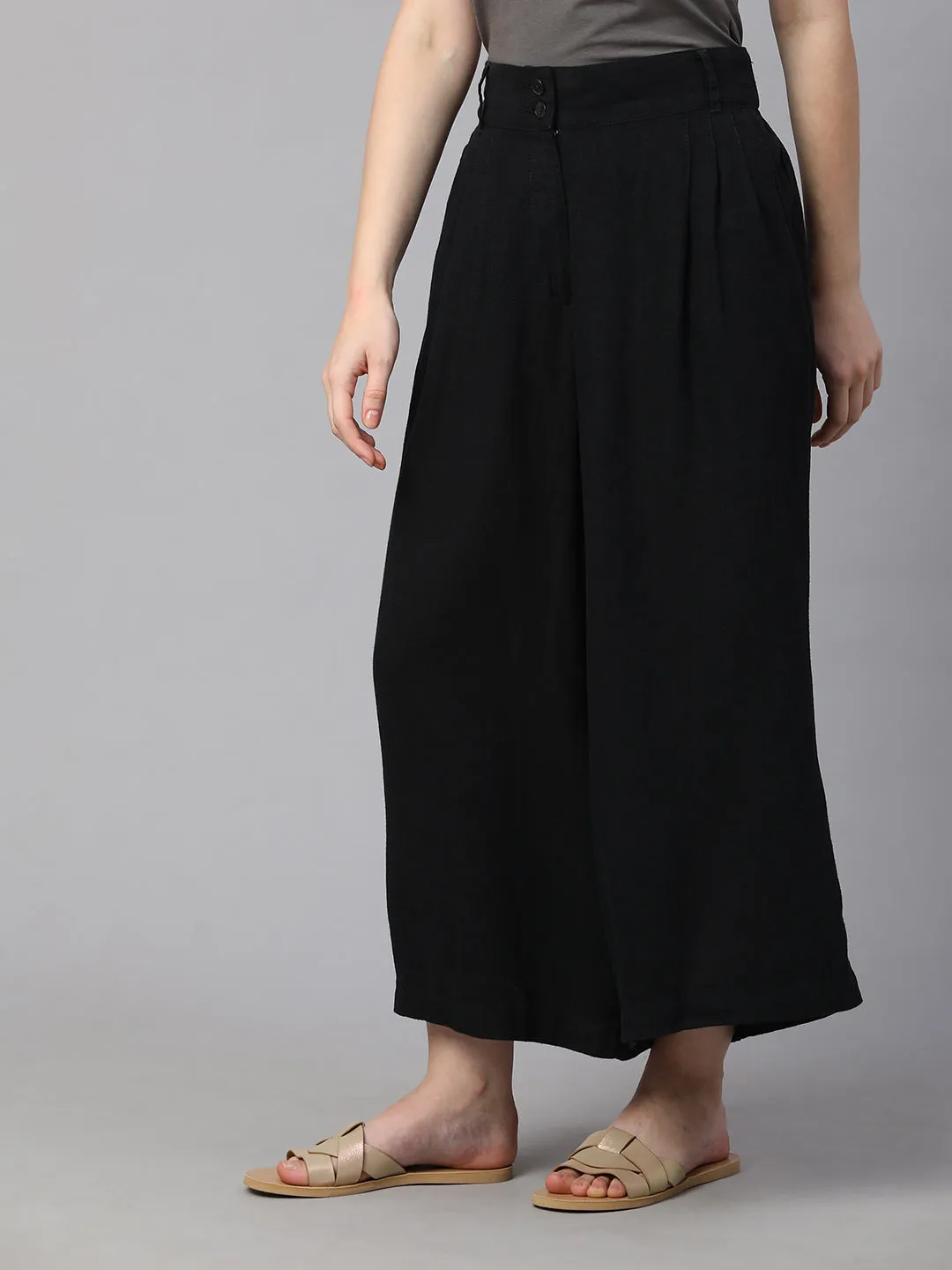Women's Black Linen Viscose Regular Fit Culotte