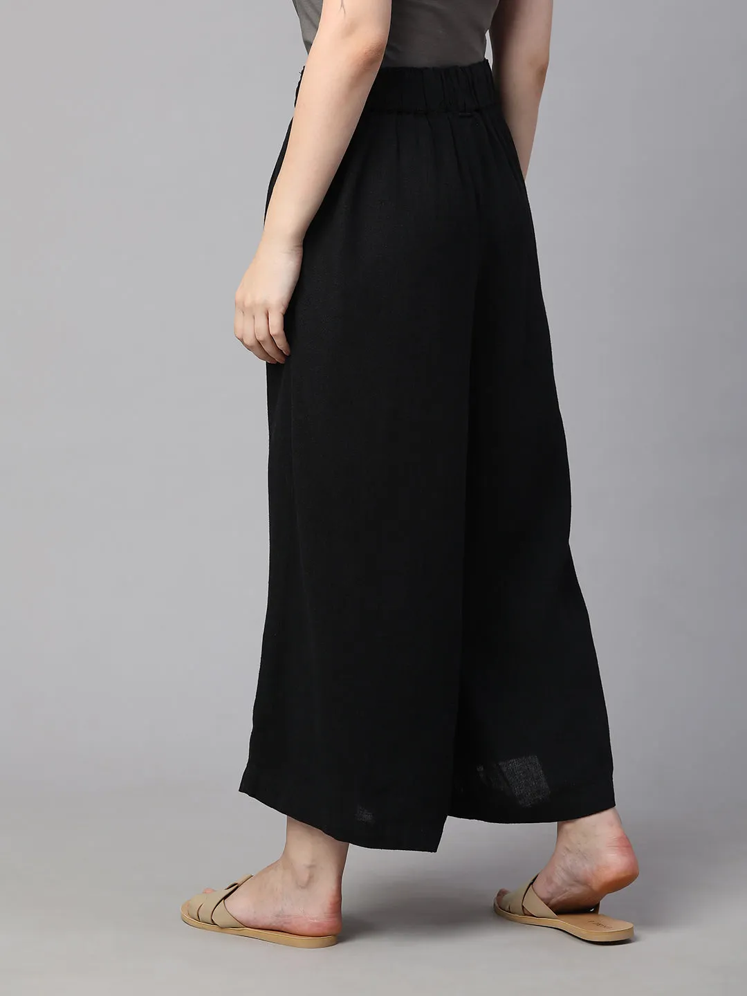 Women's Black Linen Viscose Regular Fit Culotte