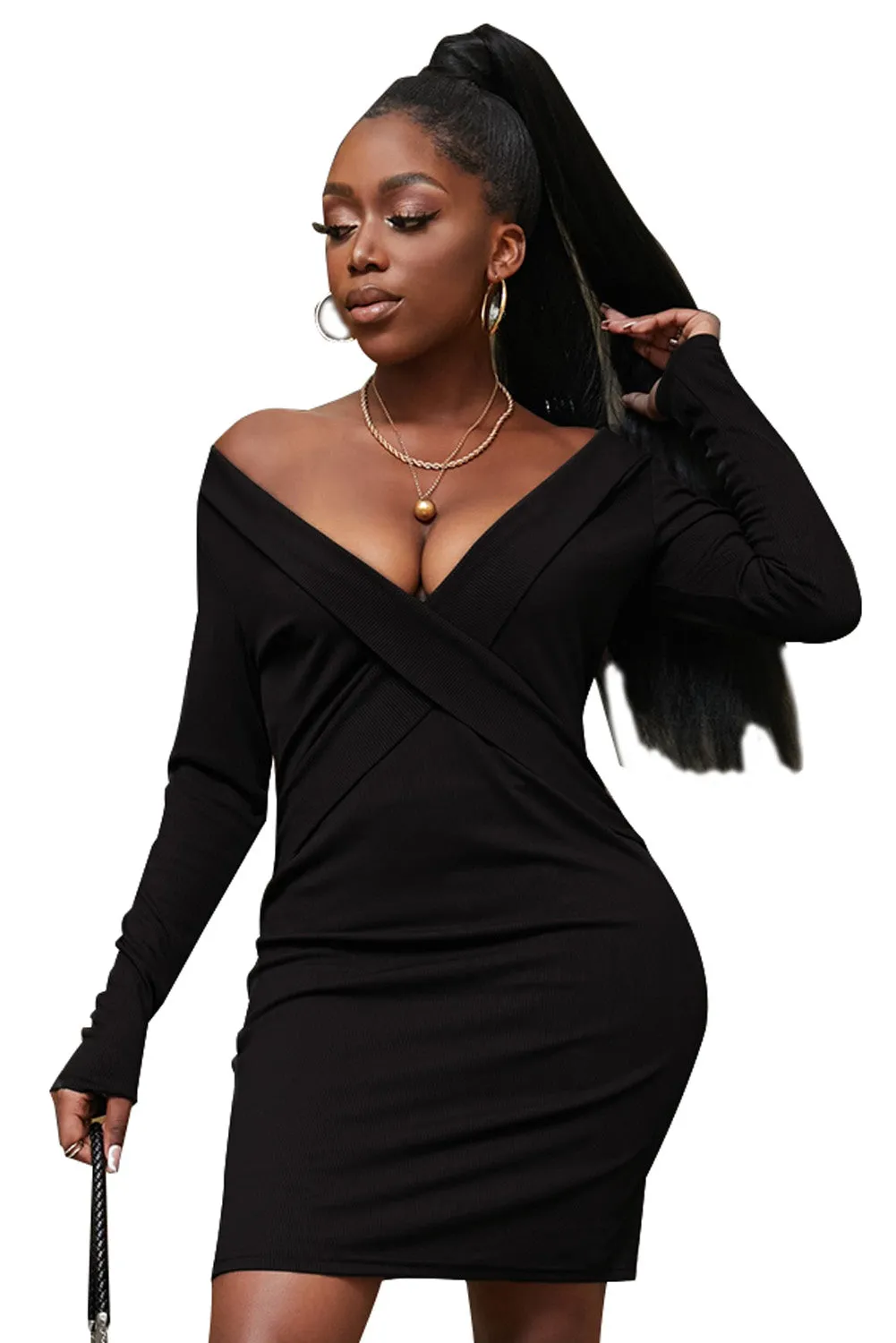 Women's Deep V Neck Long Sleeve Pencil Short Dress Bodycon Mini Dress
