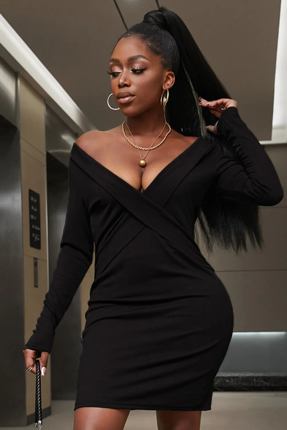 Women's Deep V Neck Long Sleeve Pencil Short Dress Bodycon Mini Dress