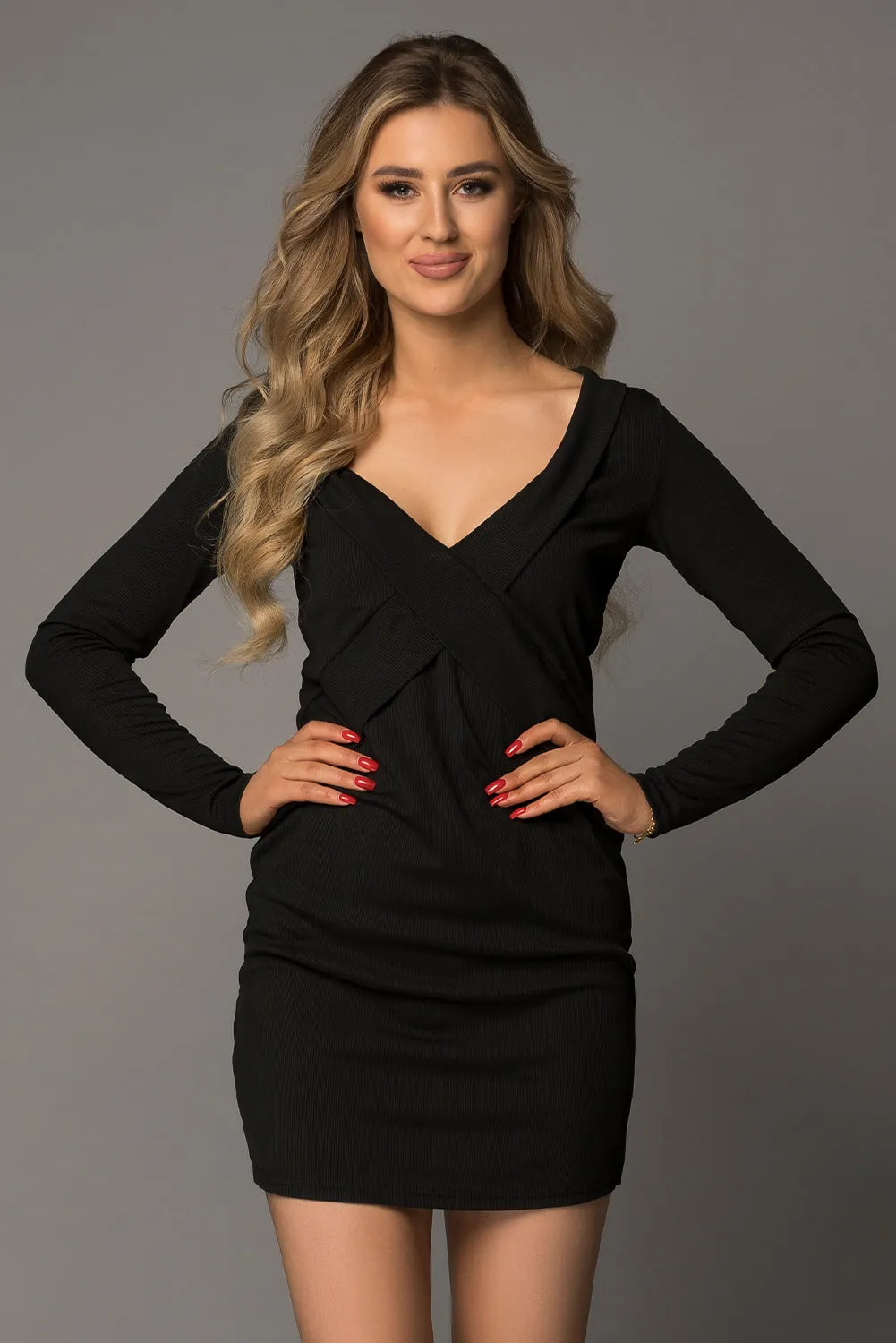 Women's Deep V Neck Long Sleeve Pencil Short Dress Bodycon Mini Dress