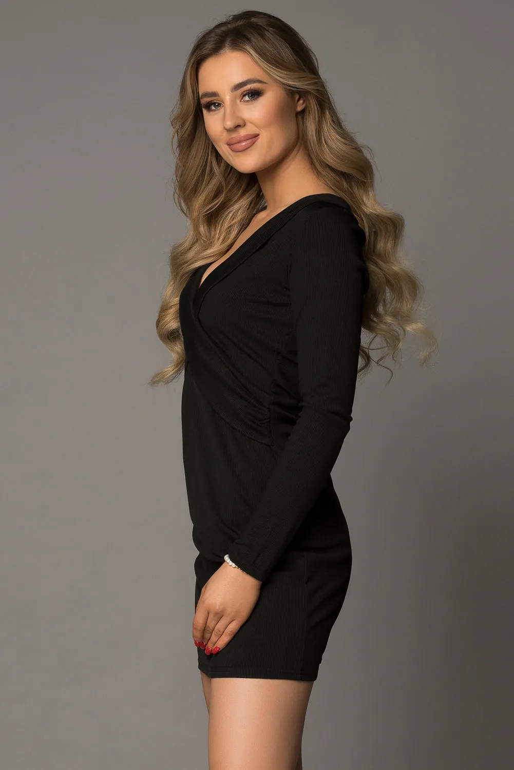 Women's Deep V Neck Long Sleeve Pencil Short Dress Bodycon Mini Dress