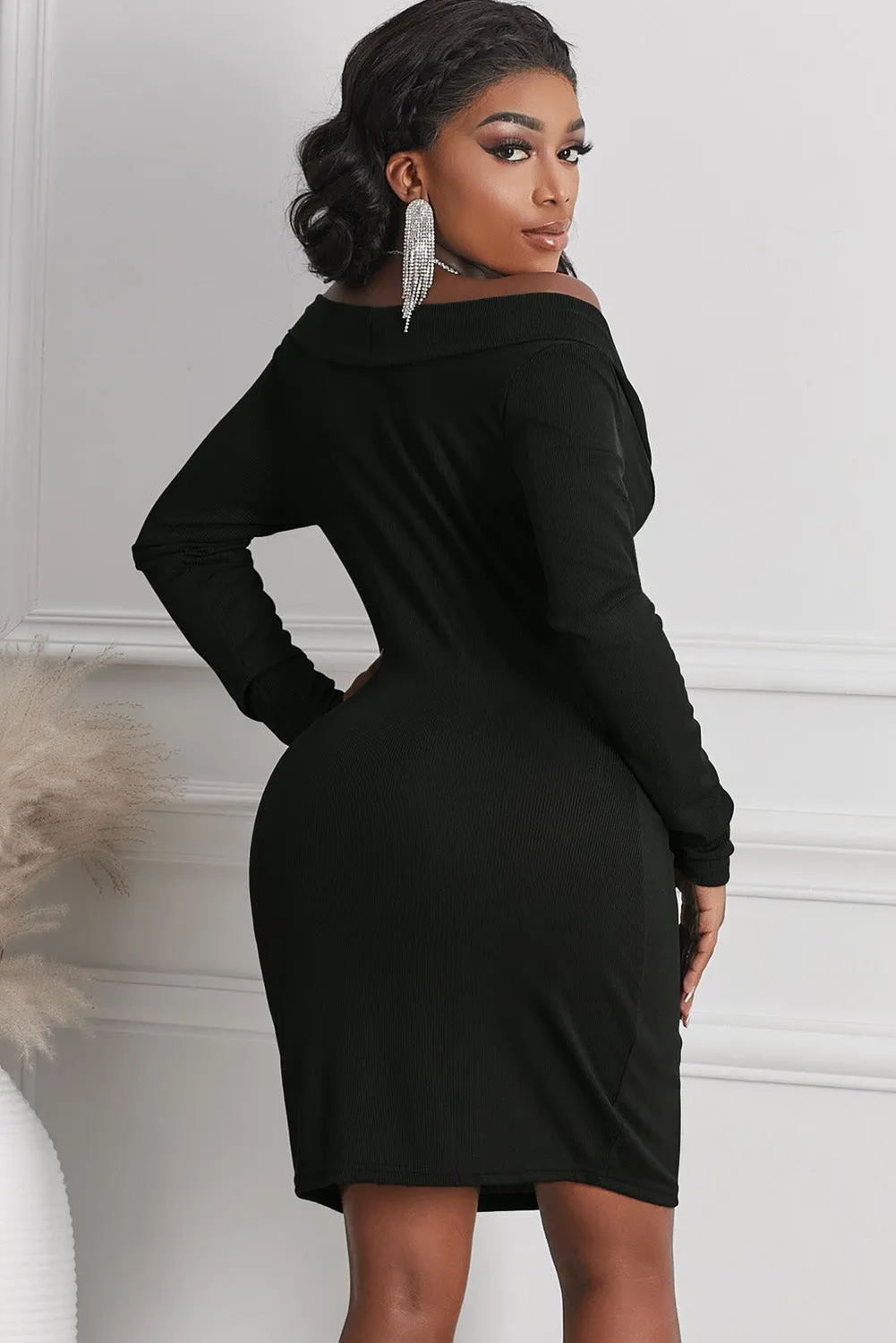 Women's Deep V Neck Long Sleeve Pencil Short Dress Bodycon Mini Dress