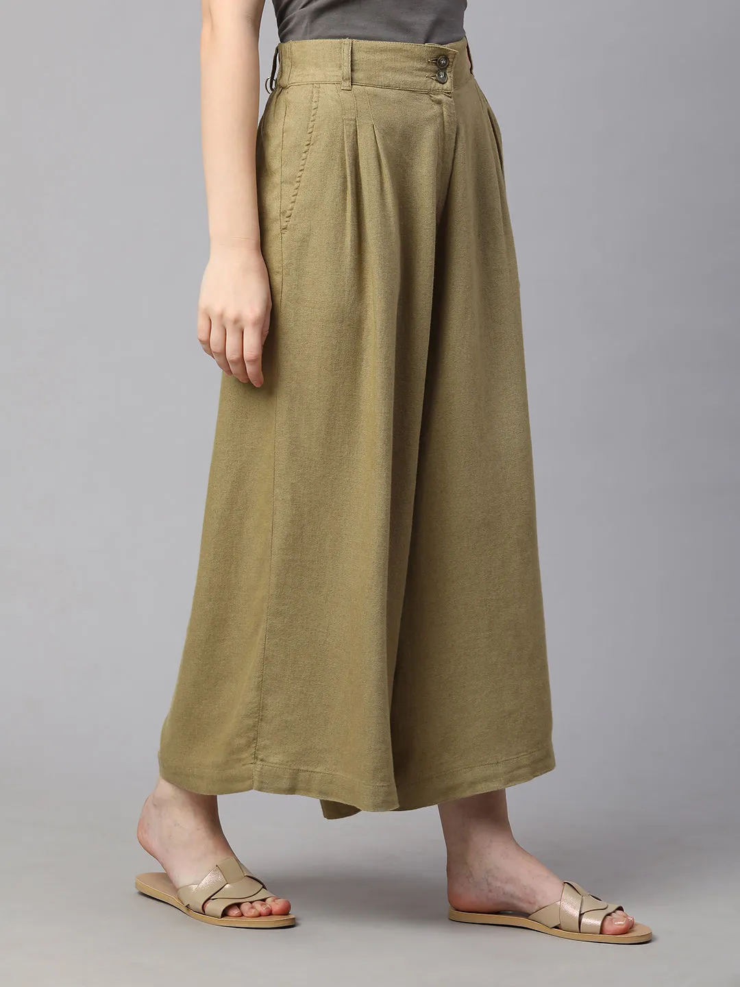 Women's Khaki Linen Viscose Regular Fit Culotte