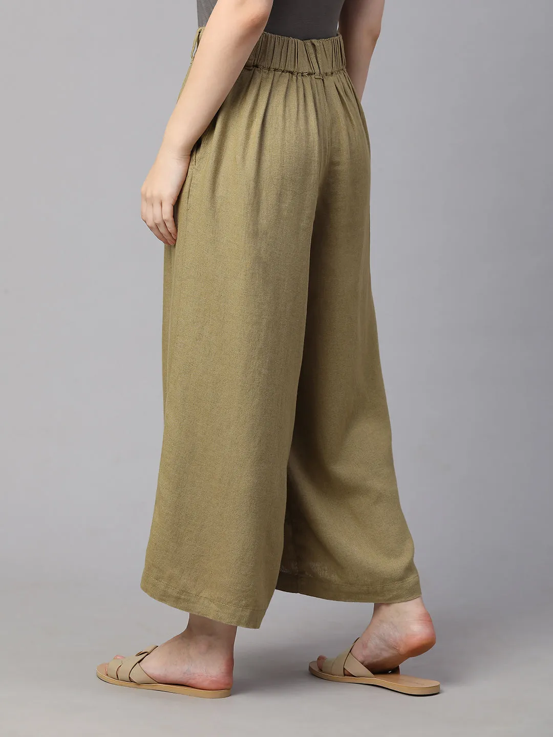 Women's Khaki Linen Viscose Regular Fit Culotte