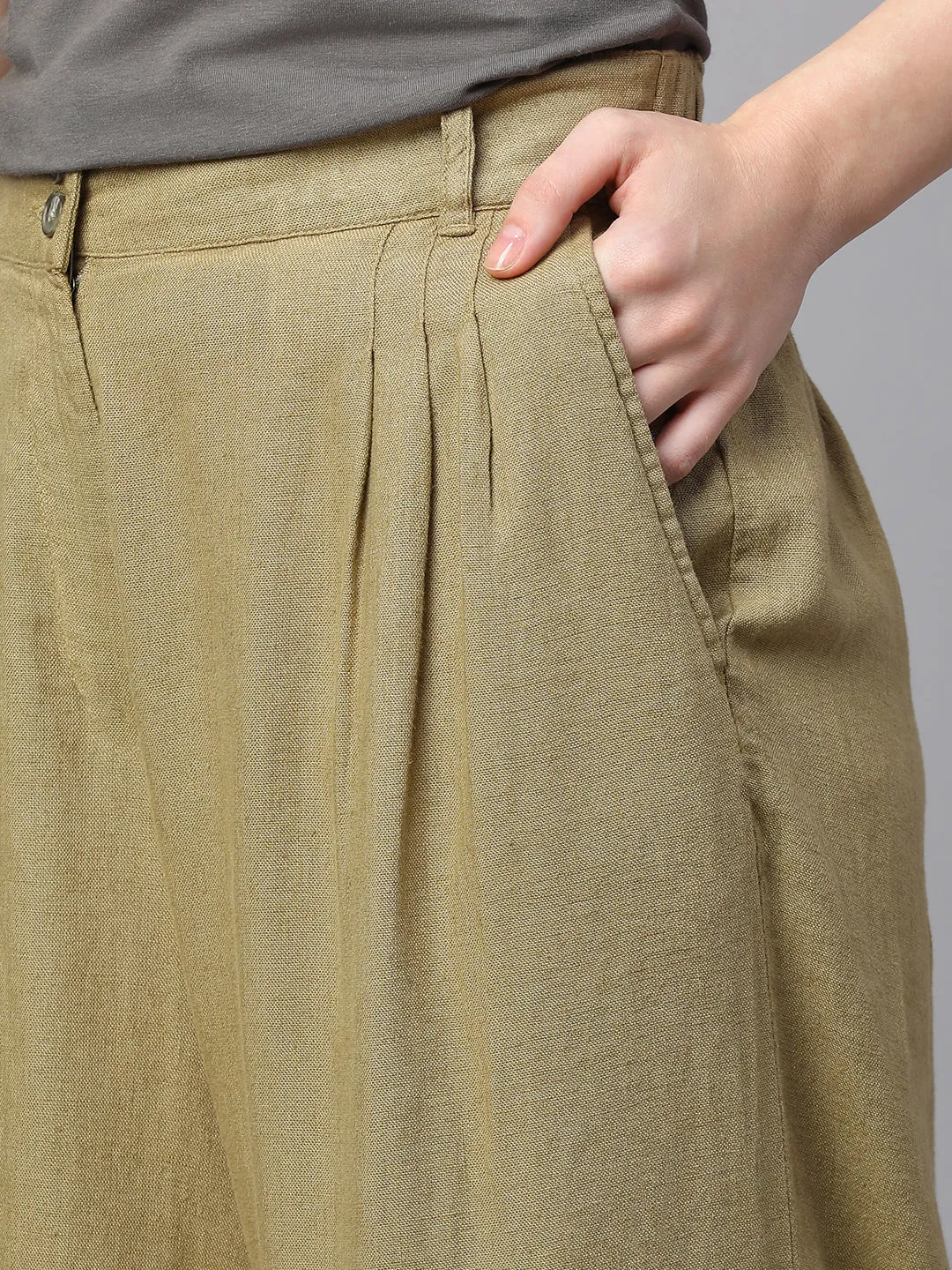Women's Khaki Linen Viscose Regular Fit Culotte