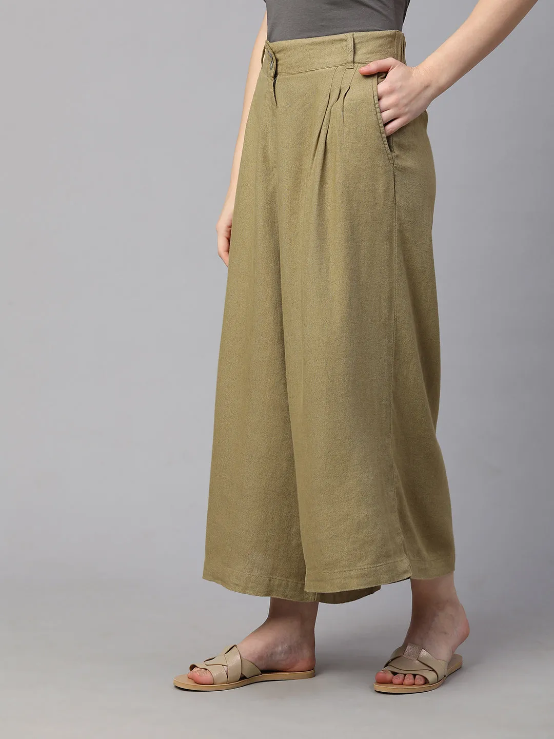 Women's Khaki Linen Viscose Regular Fit Culotte